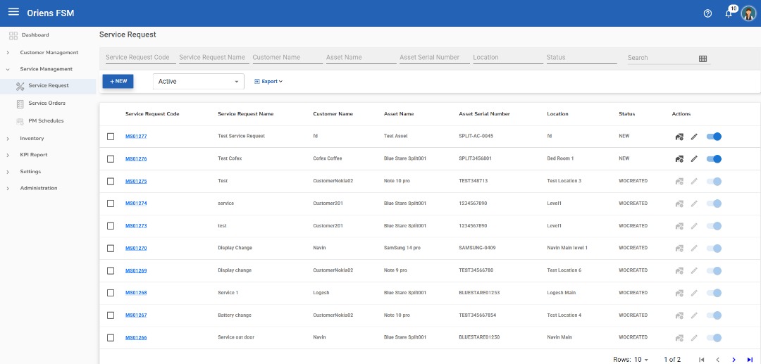 Oriens EAM dashboard